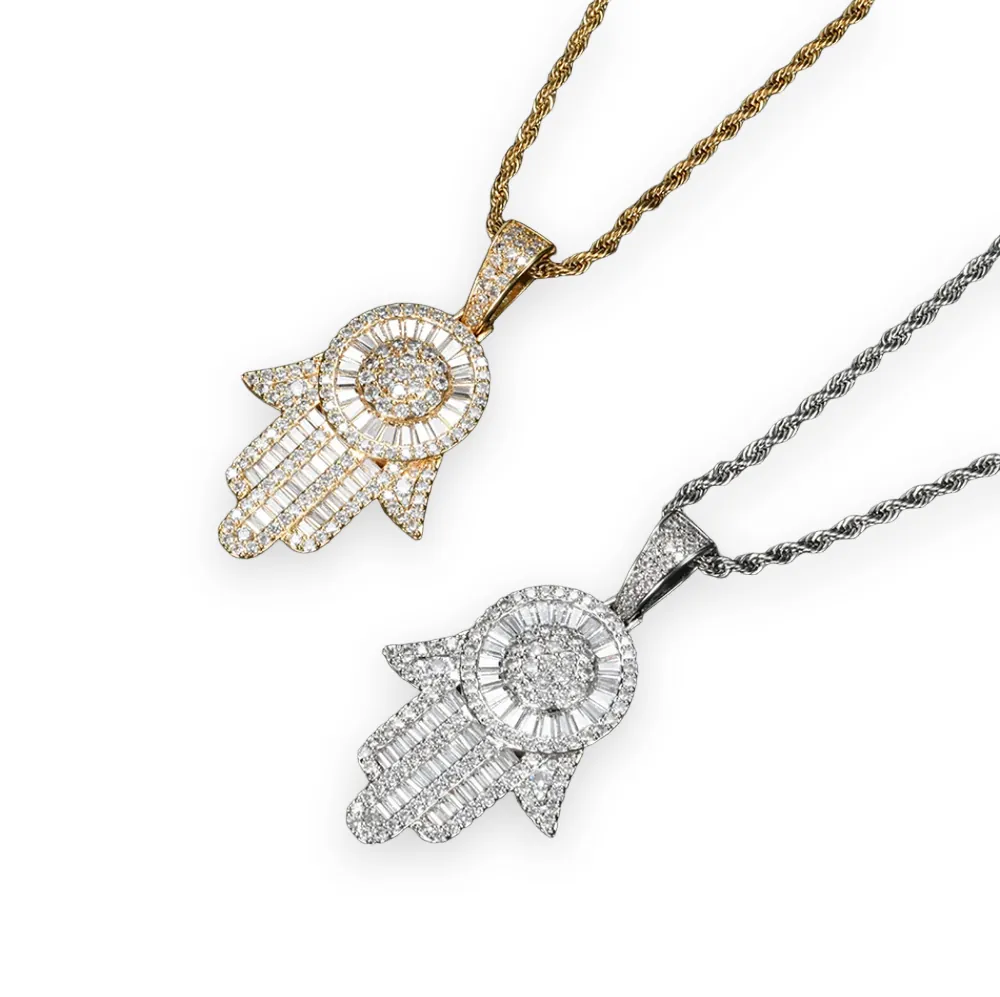 Baguette Halo Hamsa Pendant
